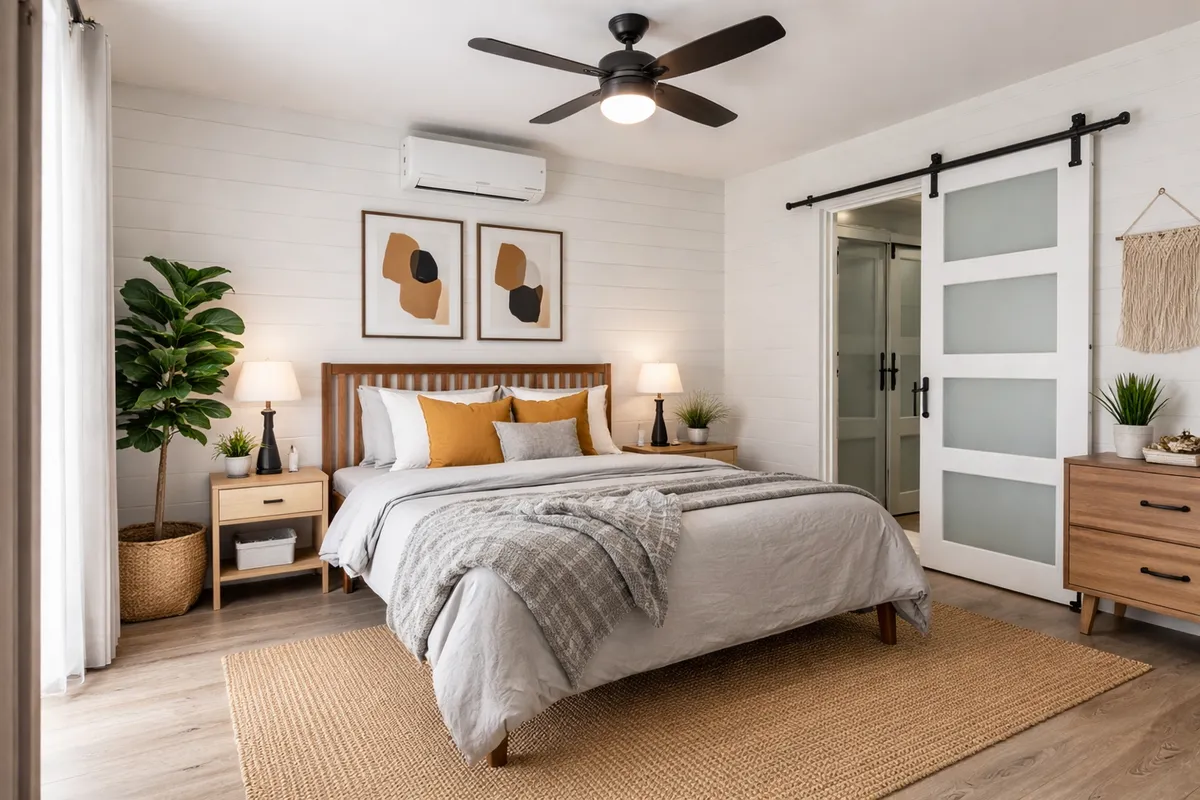 A row of multi-colored houses in a neighborhood.